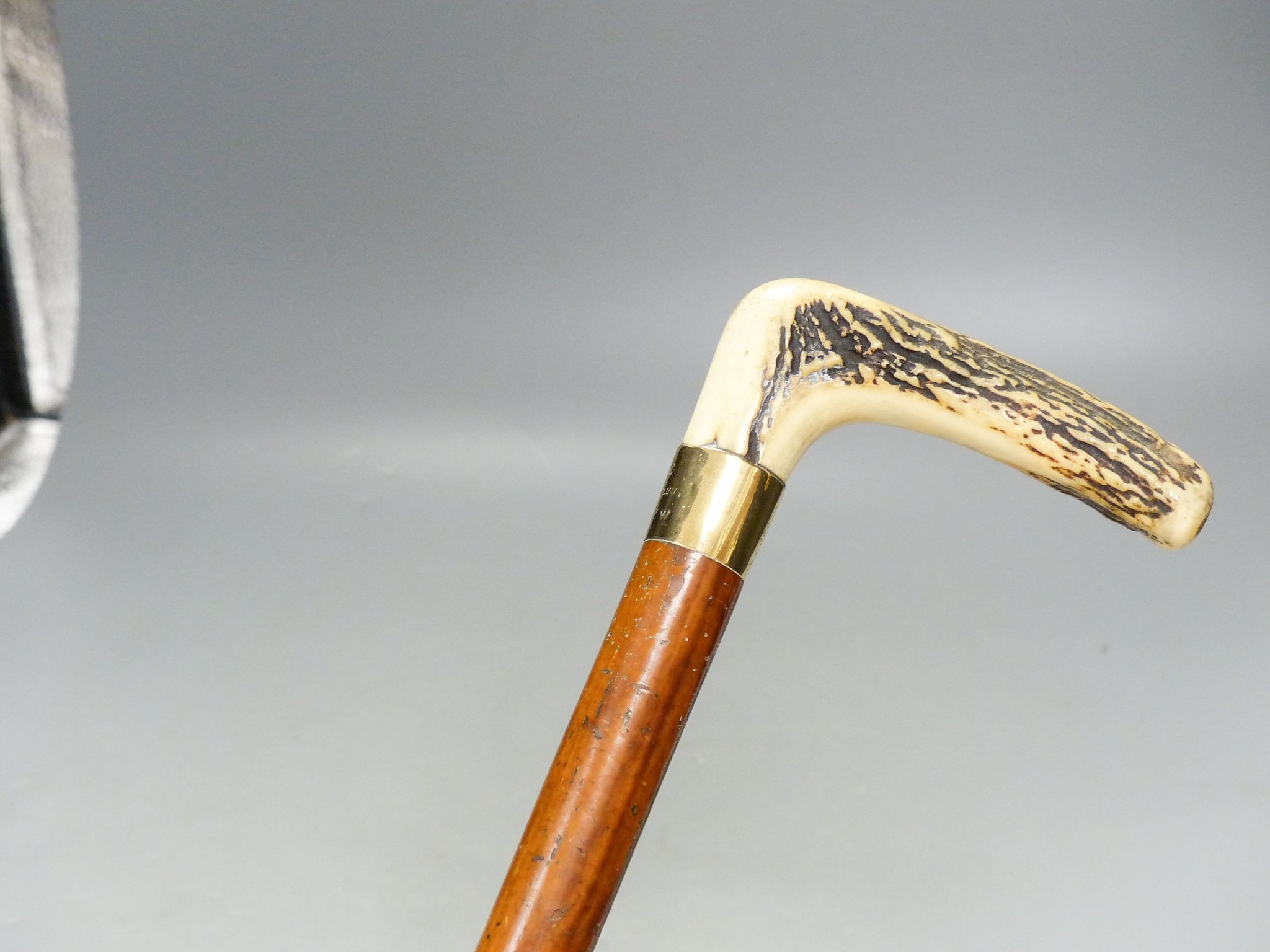 A Victorian 9ct gold mounted cane with antler handle 84cm